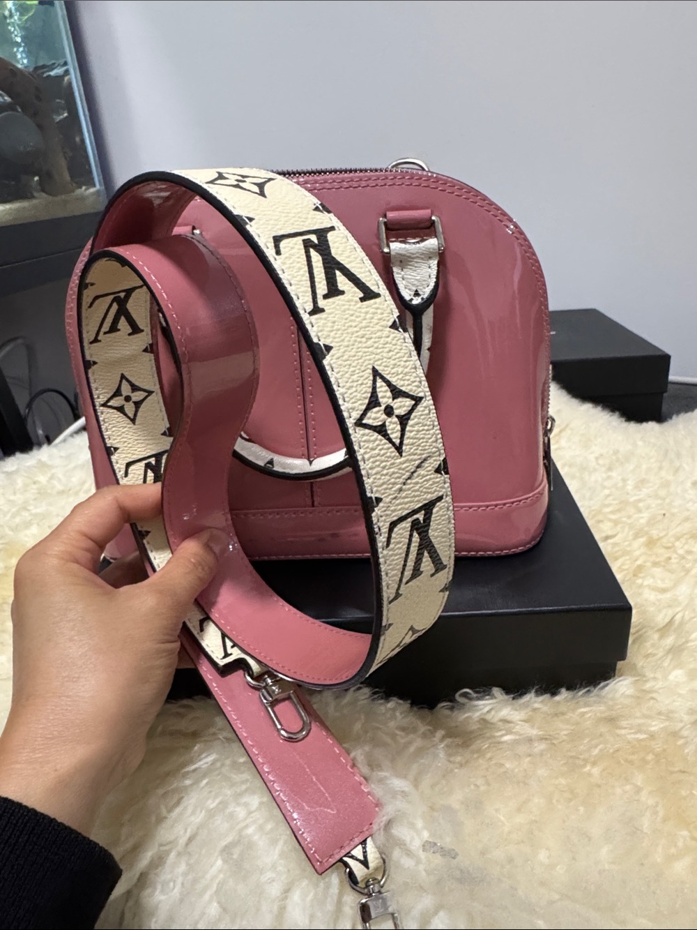 Louis Vuitton Pink Patent Alma Handbag with White Monogram Accents - Picture 10 of 11